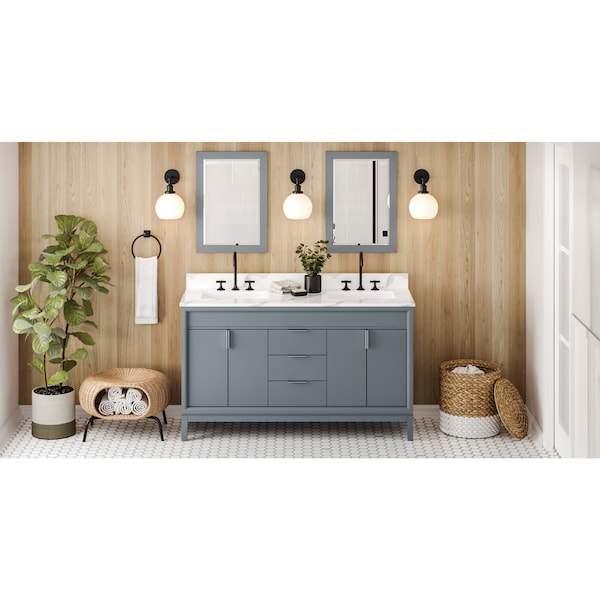 Jeffrey Alexander 60In. Blu Stl Theodora Vanity, Dbl Bowl, Calacatta Vienna Quartz Vanity Top, 2 Undrmnt Rctngl Bowls VKITTHE60BSCQR - main